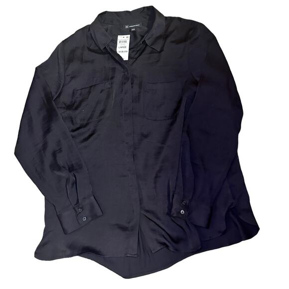 INC International Concepts Black Blouse Size Large Button Up Silky NWT - Picture 1 of 7